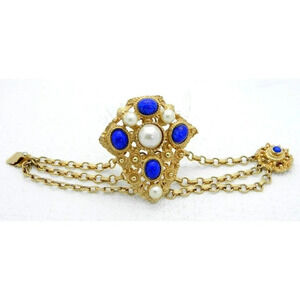 VTG Gold Tone Faux Blue Lapis Lazuli Pearl Etruscan Byzantine Style Bracelet